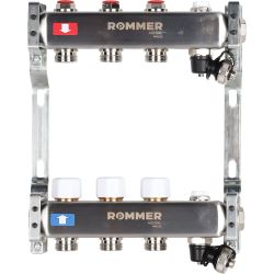 Коллекторная группа ROMMER без расходомеров Ду25х20Н- 3 вых.(нержавеющая сталь) + дренажный кран и воздухоотводчик 