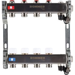 Коллекторная группа ROMMER без расходомеров Ду25х20Н- 4 вых.(нержавеющая сталь) + дренажный кран и воздухоотводчик 