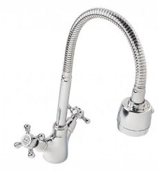 Смеситель для кухни"АНТЕЙ Луч" с 2-мя рукоятками,высокий гибкий излив,латунь