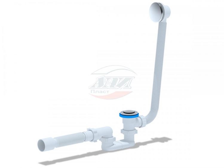 EC-055 Сифон АНИПласт для ванны плоский с выпуском 1 1/2"*40 с переливом, клик-клак, с гибкой трубой 375*40/50