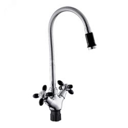 Смеситель для кухни "АНТЕЙ Радуга" с 2-мя рукоятками высокий гибкий излив, латунь, черный