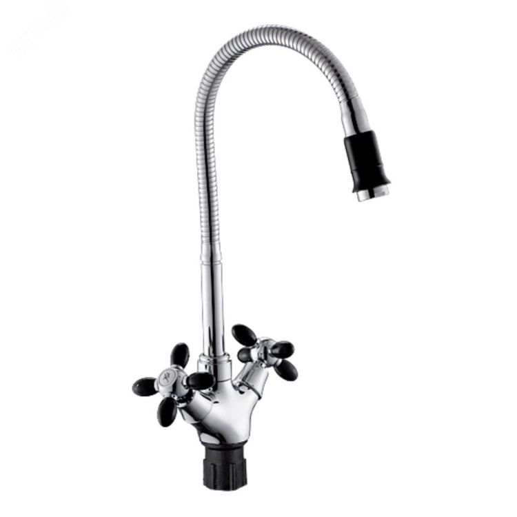 Смеситель для кухни "АНТЕЙ Радуга" с 2-мя рукоятками высокий гибкий излив, латунь, черный