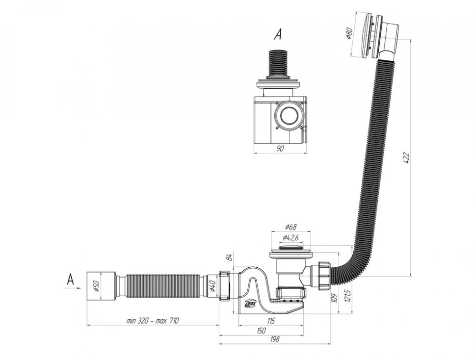 (EC-655S) Сифон АНИ Бриг для ванны клик- клак с выпуском, с переливом ...