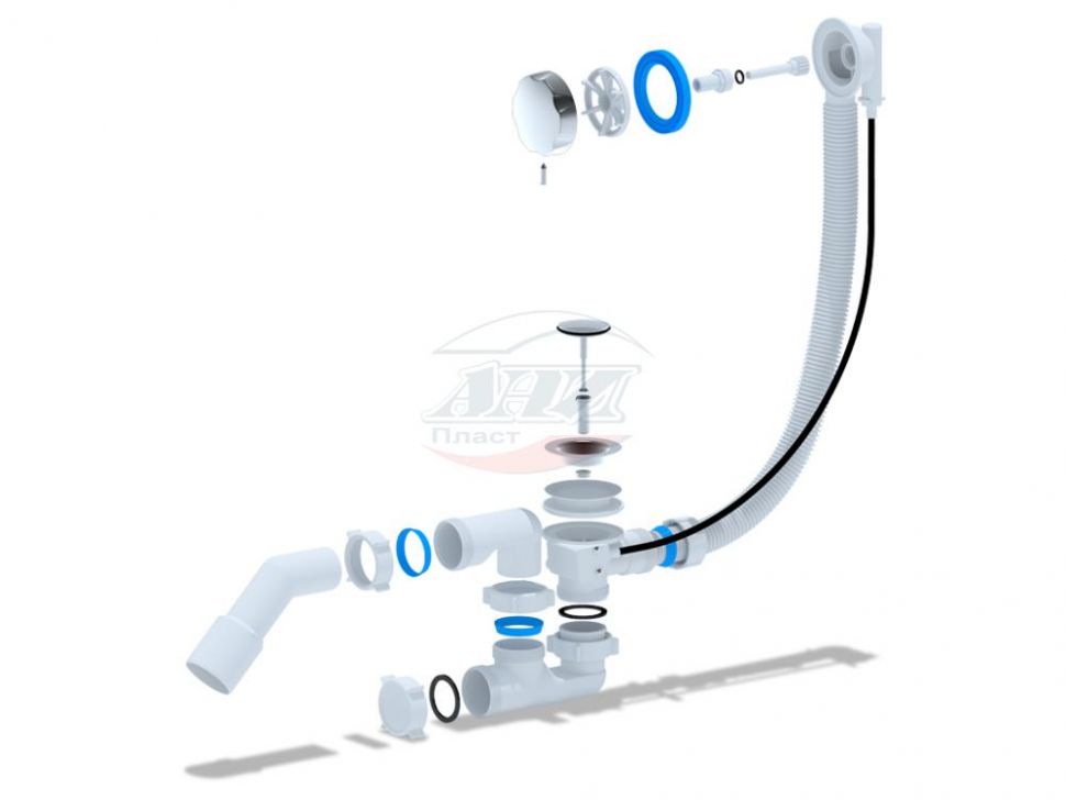 (EM-321) Сифон АНИ для ванны регулируемый с переливом полуавтомат, с ...